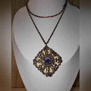Gold and Blue Pendant Necklace 38"
